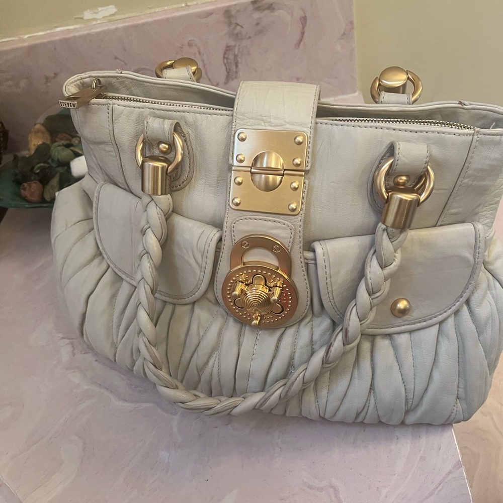 Steve Madden Cream and Gold Shoulder Bag with Ruched Texture